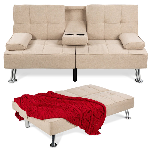 Linen Upholstered Convertible Sofa Bed Futon w/ 2 Cupholders - A22 Appears New