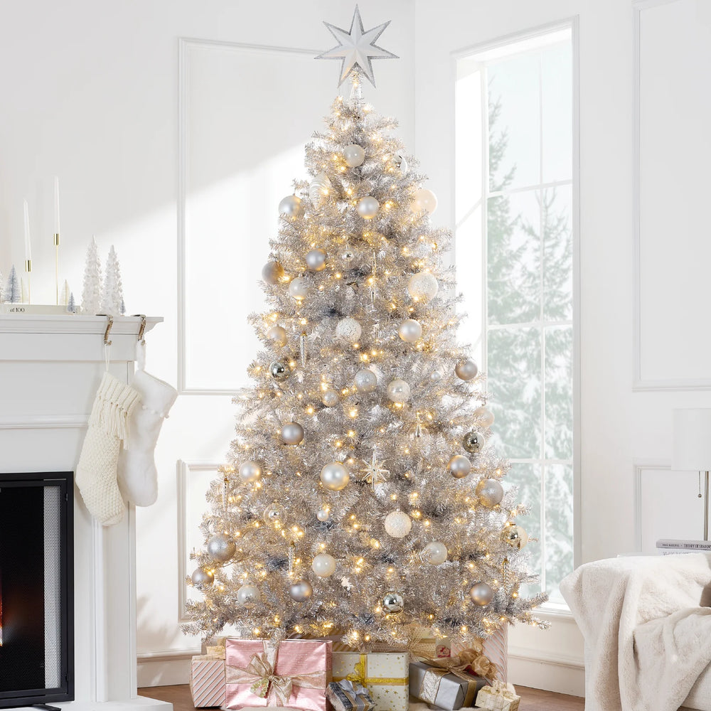 Prelit Silver Artificial Tinsel Christmas Tree w/ Foldable Stand - J203