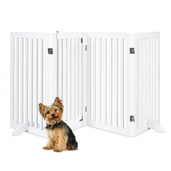 31.5in 4-Panel Freestanding Wooden Pet Gate w/ Door, Support Feet - J167