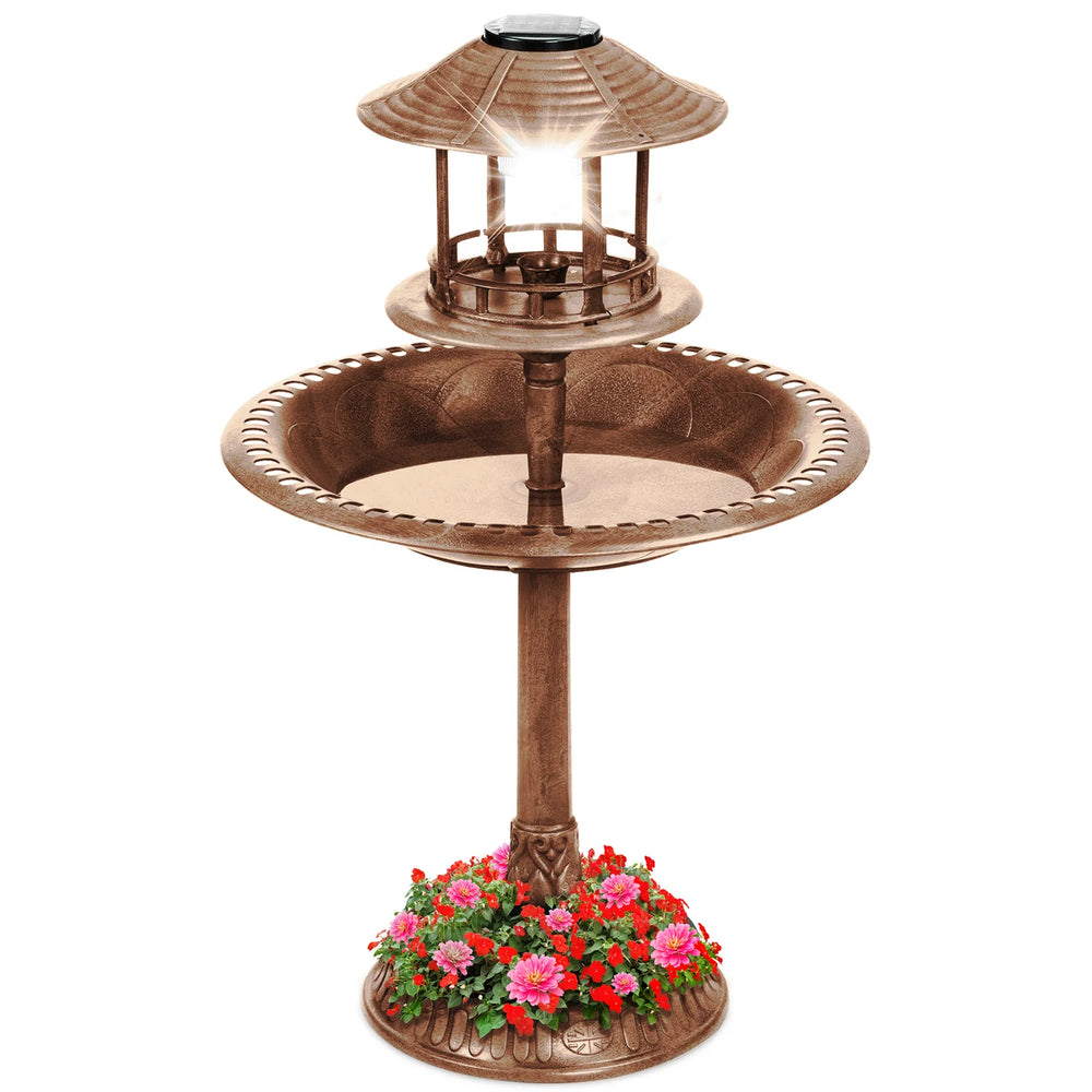 Solar Lighted Outdoor Pedestal Bird Bath w/ Planter, Decorative Bird Cage - J120