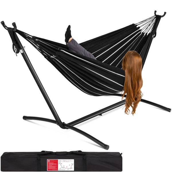 2-Person Brazilian-Style Double Hammock w/ Carrying Bag and Steel Stand - 9ft - D13