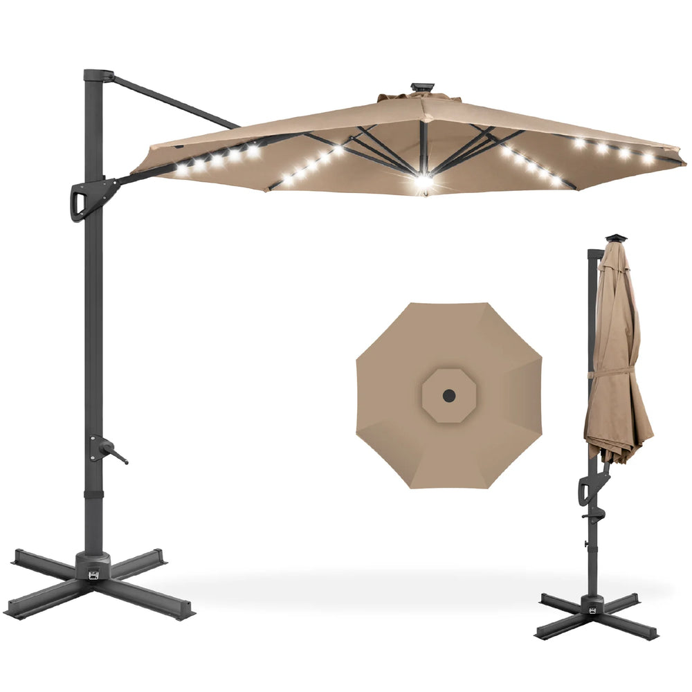 360-Degree Solar LED Cantilever Offset Patio Umbrella w/ Tilt - 10ft - D34