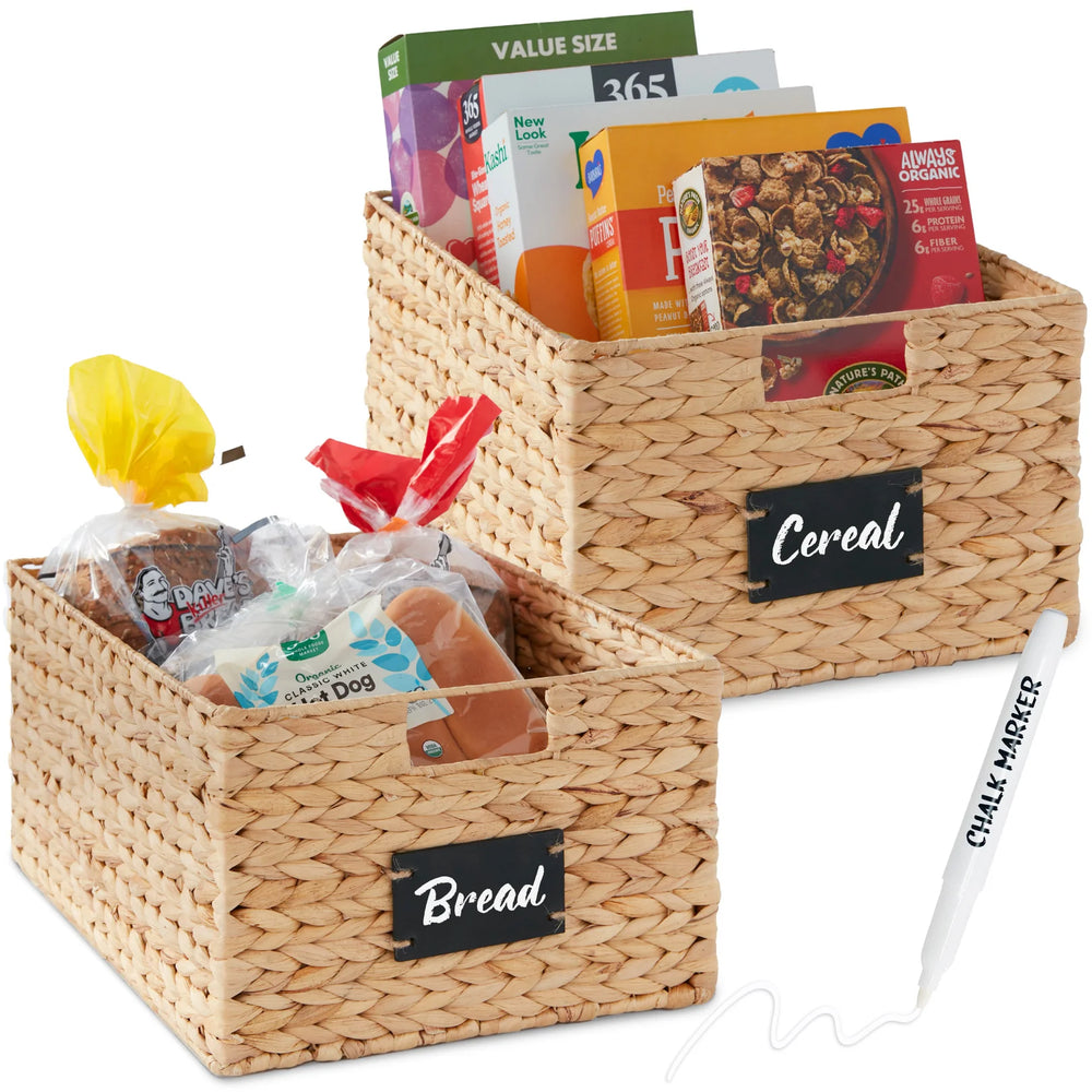 Set of 2 Water Hyacinth Pantry Baskets w/ Chalkboard, Marker - 16in - D70