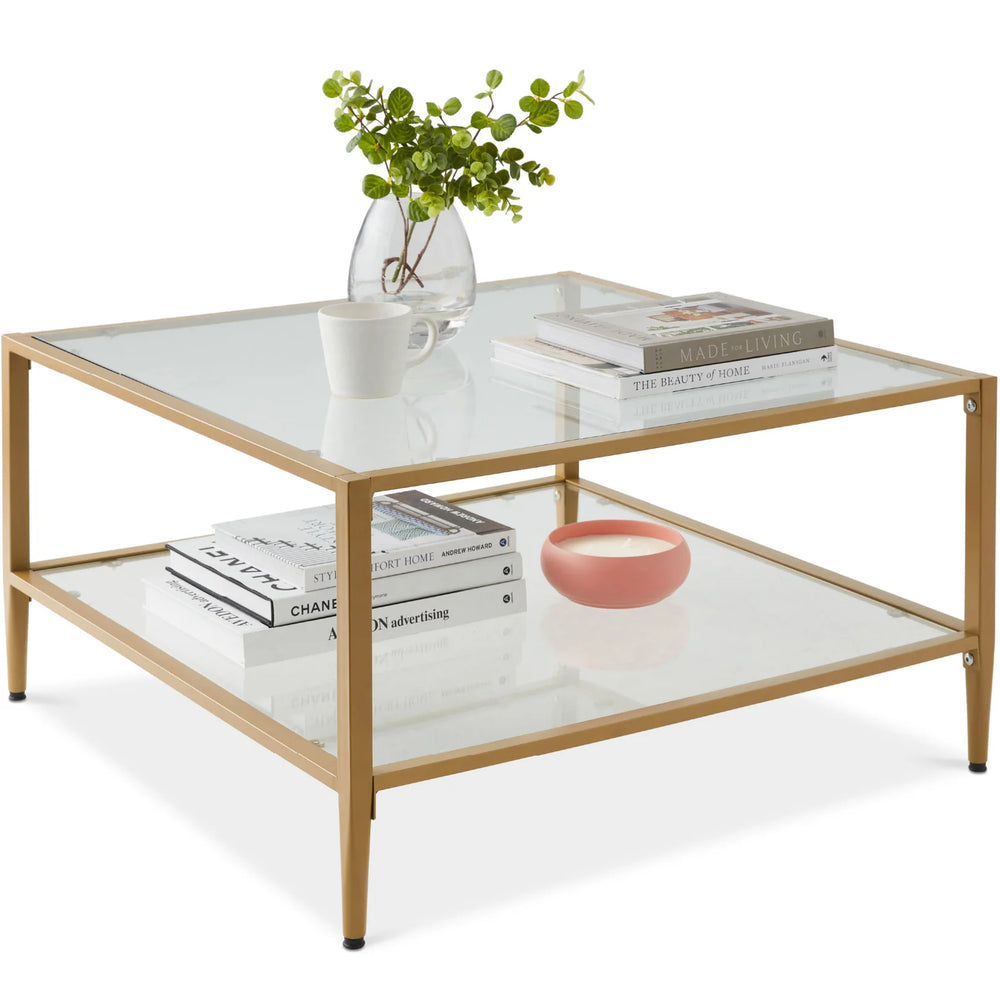 2-Tier Large Square Coffee Table Living Room Accent w/ Glass Top - 32" - D61