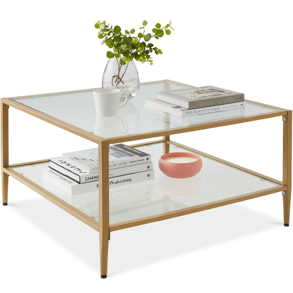 2-Tier Large Square Coffee Table Living Room Accent w/ Glass Top - 32" - D61