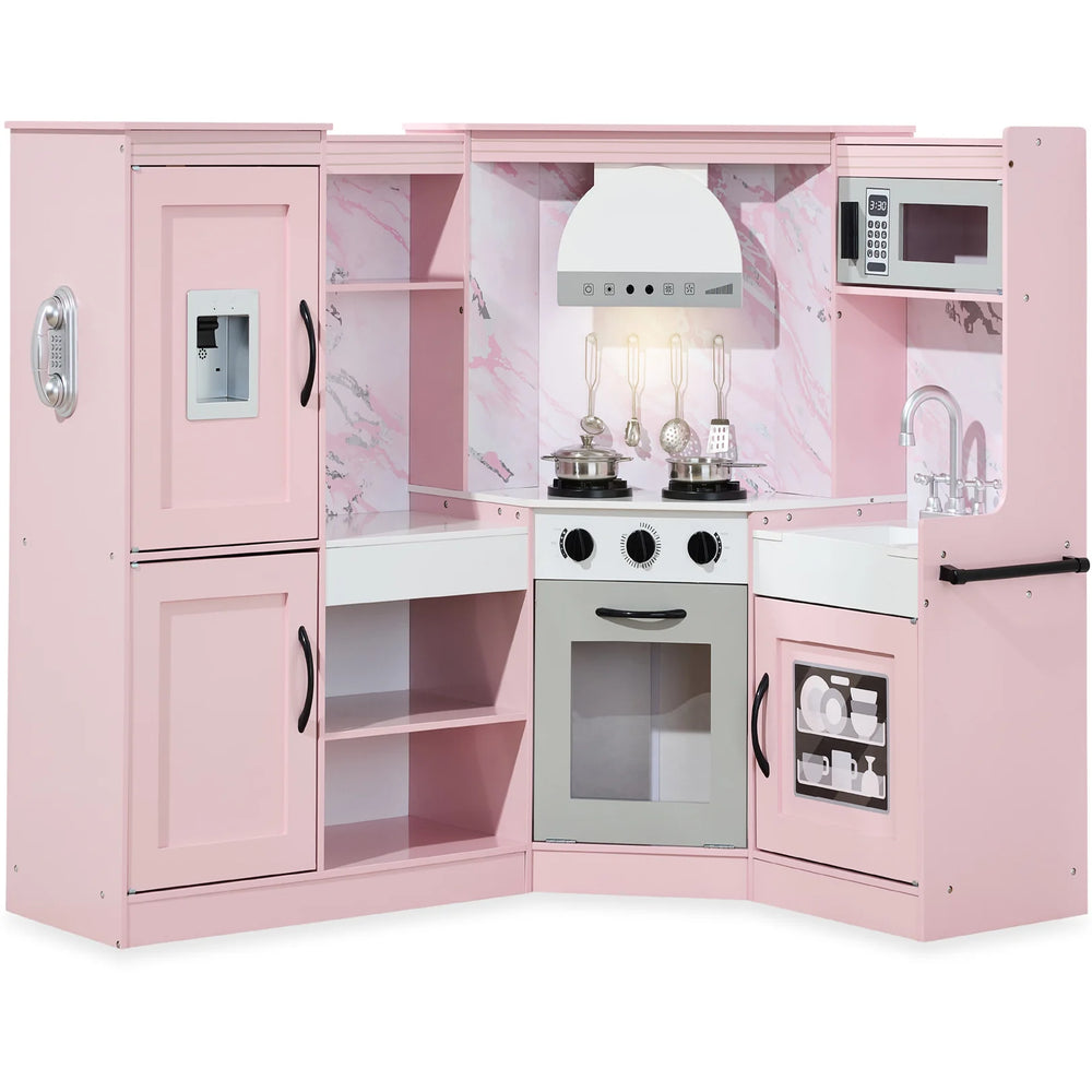 Pretend Play Corner Kitchen Wooden Toy Set for Kids w/ Lights, Sounds - D77