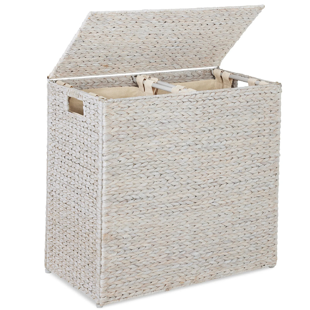Large Water Hyacinth Double Laundry Hamper Basket w/ 2 Liner Bags - D16