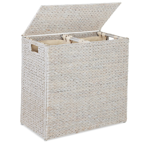 Large Water Hyacinth Double Laundry Hamper Basket w/ 2 Liner Bags - D16