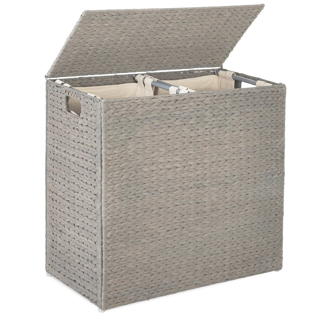 Large Water Hyacinth Double Laundry Hamper Basket w/ 2 Liner Bags - A28 Appears New