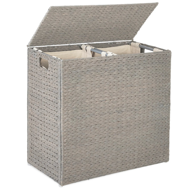 Large Water Hyacinth Double Laundry Hamper Basket w/ 2 Liner Bags - A28 Appears New