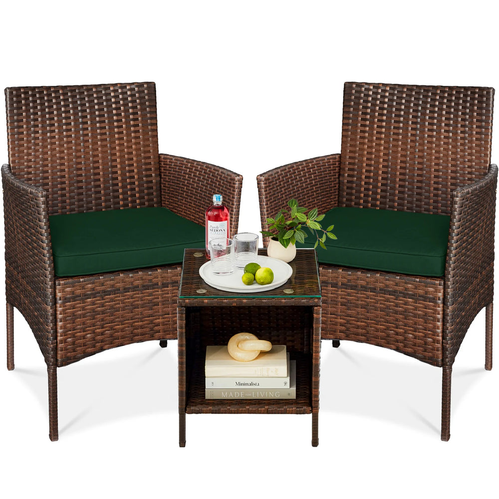 3-Piece Outdoor Patio Wicker Bistro Set w/ Side Storage Table - J170