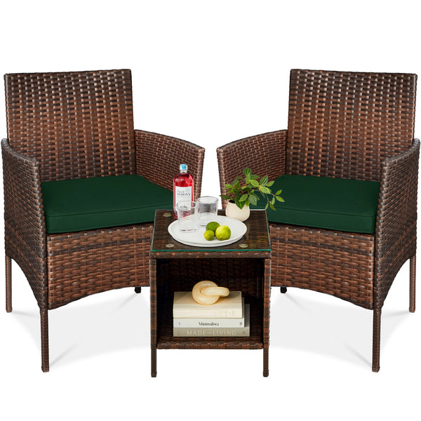 3-Piece Outdoor Patio Wicker Bistro Set w/ Side Storage Table - J170