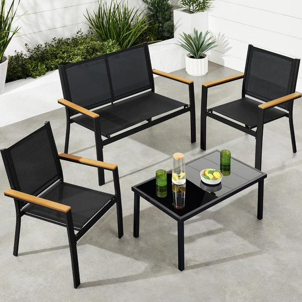 4-Piece Textilene Outdoor Conversation Set w/ Cushions, Table - D17