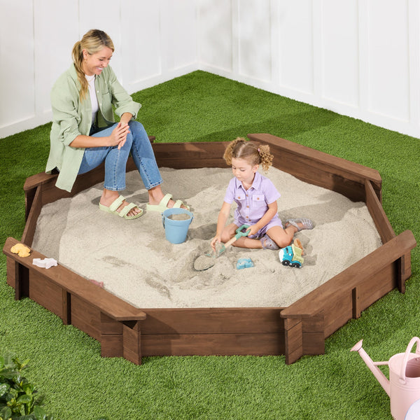 Kid's Wooden Octagonal Sandbox w/ Sand Cover, 4 Reinforced Benches, 8 Seats - J123