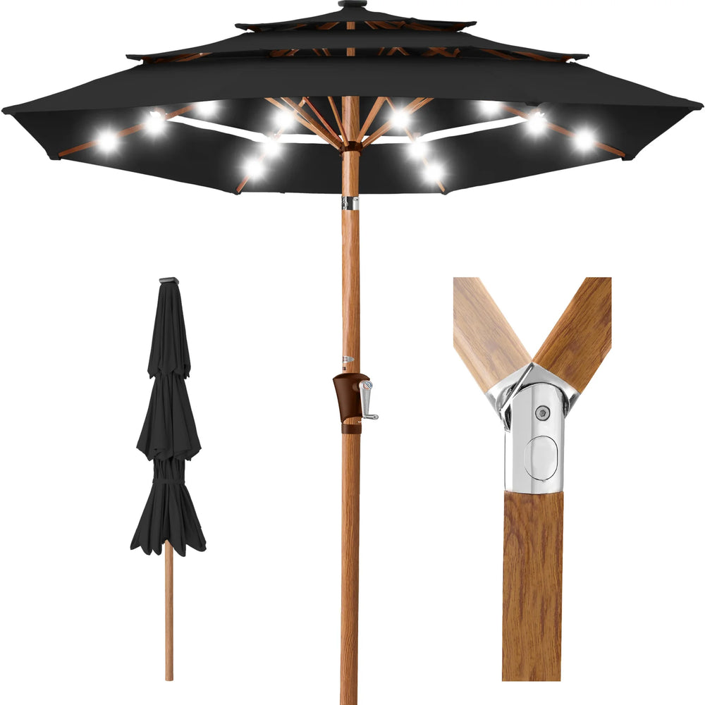 3-Tier Woodgrain Pattern Solar Patio Umbrella, Tilt Adjustment - 10ft - D10