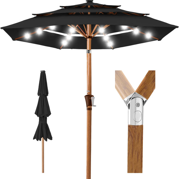 3-Tier Woodgrain Pattern Solar Patio Umbrella, Tilt Adjustment - 10ft - D10