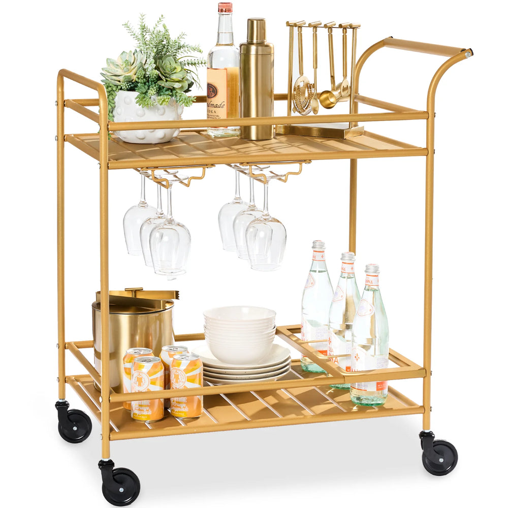 2-Tier Rolling Bar Cart Indoor/Outdoor w/ Shelves, Wine Rack, Locking Wheels - A30 Appears New
