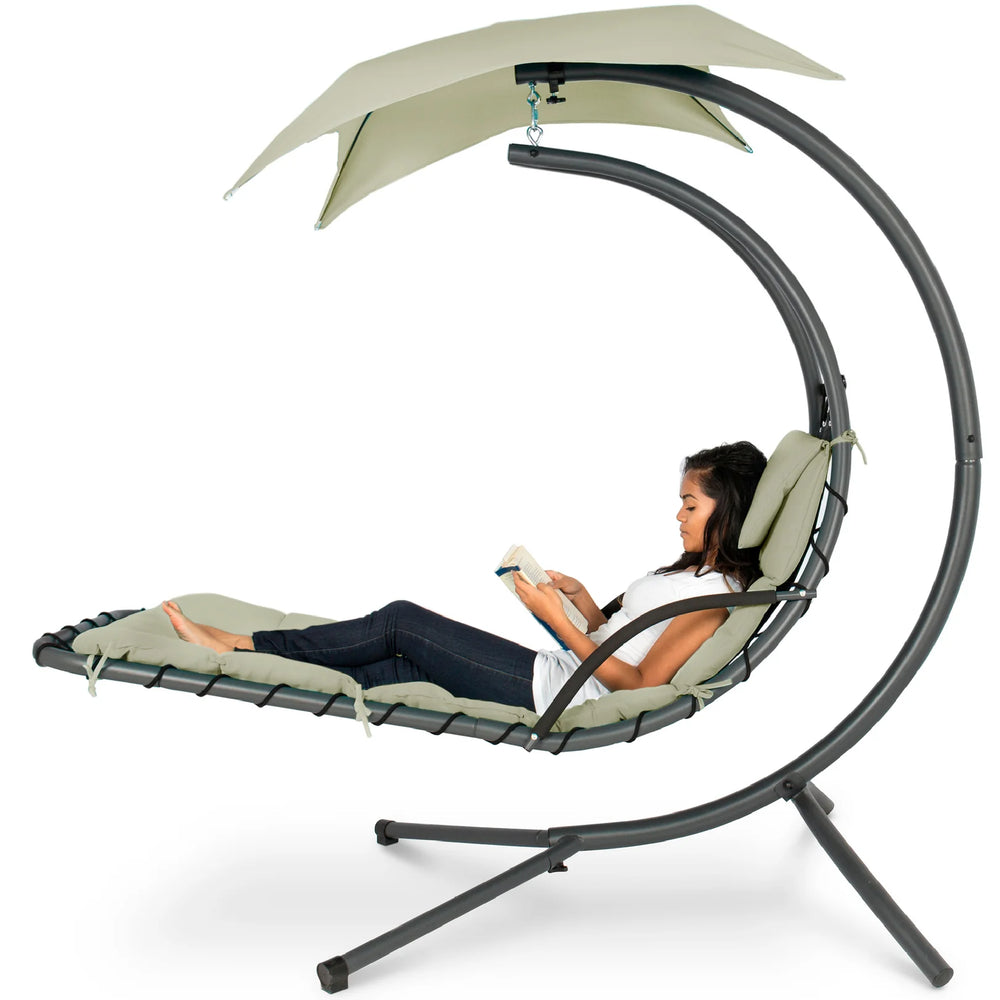 Hanging Curved Chaise Lounge Chair w/ Built-In Pillow, Removable Canopy - D79