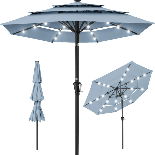 3-Tier Solar Patio Umbrella w/ LED Lights, Tilt Adjustment, Crank - 10ft - A10 Appears New