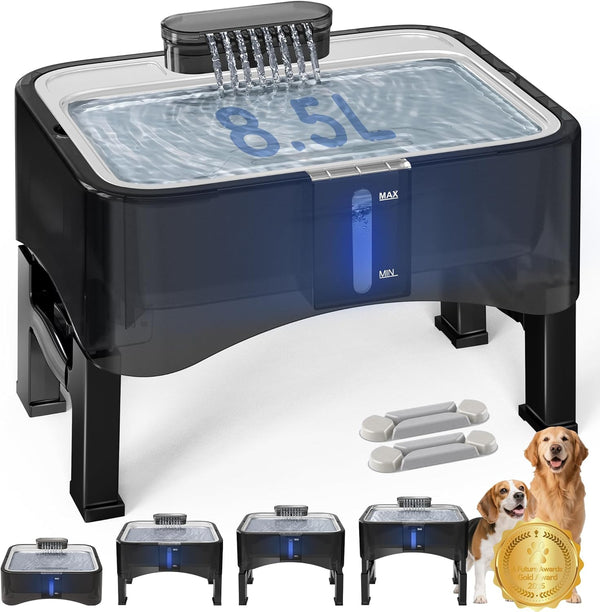 UPSKY 2.25Gal Elevated Dog Water Fountain, 4 Heights Adjustable Pet Fountain for All Dog Sizes, 304 Stainless Steel Tray Indoor Cat Drinking Dispenser with Ultra-Quiet Pump & 2 Replacement Filters - G6 - 1806