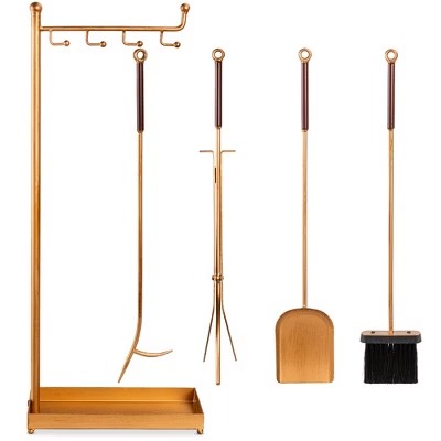 5-Piece Modern Contemporary Indoor Outdoor Antique Fireplace Tool Set w/ Ergonomic Handles - Gold M16