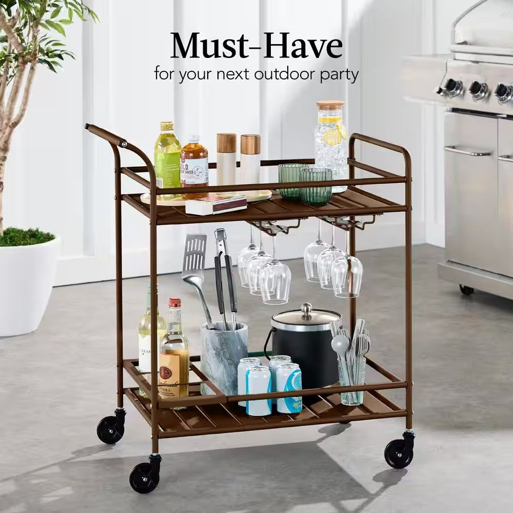 2-Tier Brown Outdoor/Indoor Metal Bar Serving Cart with Storage Shelves and Lockable Wheelsh -L9-0450