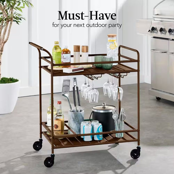 2-Tier Brown Outdoor/Indoor Metal Bar Serving Cart with Storage Shelves and Lockable Wheelsh -L9-0450