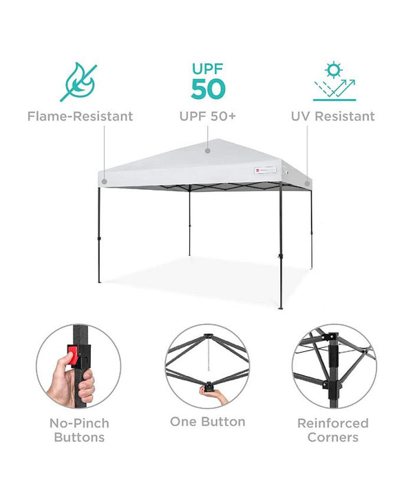 Best Choice Products 10x10ft Easy Setup Pop Up Canopy w/ 1-Button Setup, Wheeled Case, 4 Weight Bags - White - NO SIZE -M2-0007