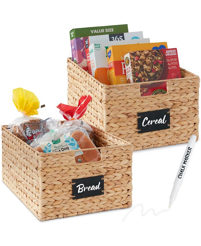 Set of 2 16in Woven Water Hyacinth Pantry Baskets w/ Chalkboard Label, Chalk Marker - Tan/Beige - K11