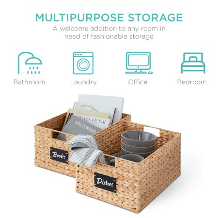 Best Choice Products Set of 2 16in Woven Water Hyacinth Pantry Baskets w/ Chalkboard Label, Chalk Marker - Natural - E4 - 989