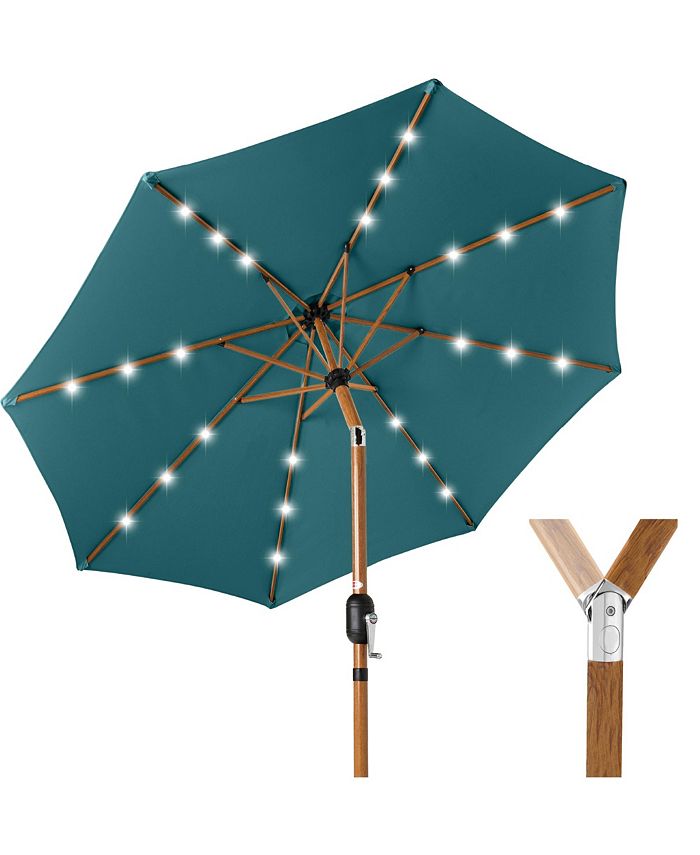 Best Choice Products 10ft Solar LED Lighted Outdoor Woodgrain Pattern Steel Market Patio Umbrella - Blue - K7 - 467