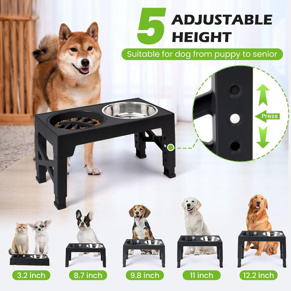 Heeyoo Elevated Dog Bowls - 5 Adjustable Heights Stand, 2 Stainless Steel Bowls & 1 Slow Feeder, 3.2" to 12.2" for Small to Large Dogs -K9-1643