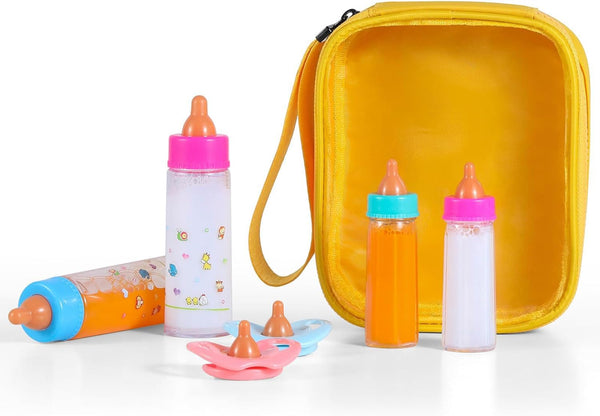 Baby Doll Bottle Accessories - 6 Pcs Feeding Bottle Toys, Magic Disappearing Milk & Juice, Pretend Play Set with Pacifiers Kids Gift Yellow 1337