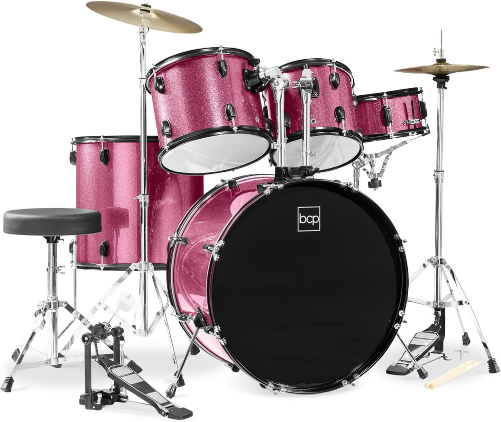 Best Choice Products 5-Piece Full Size Complete Adult Drum Set w/Cymbal Stands, Stool, Drum Pedal, Sticks, Floor Tom - Pink Sparkle - D10 - 721