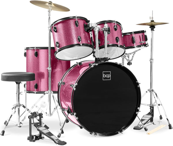 Best Choice Products 5-Piece Full Size Complete Adult Drum Set w/Cymbal Stands, Stool, Drum Pedal, Sticks, Floor Tom - Pink Sparkle - D10 - 721