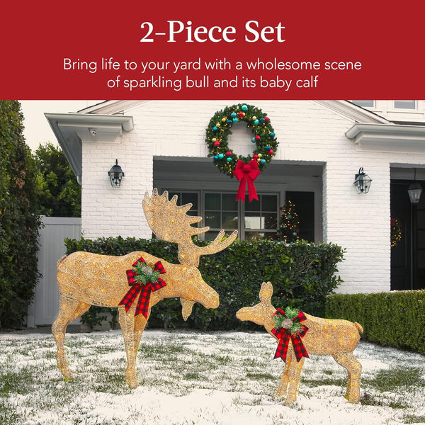Best Choice Products 2-Piece Moose Family, Lighted Outdoor All-Weather Christmas Yard Decoration Light-Up D cor Set w/ 170 LED Lights, Ground Stakes, Zip Ties - Gold - A8 - 1459