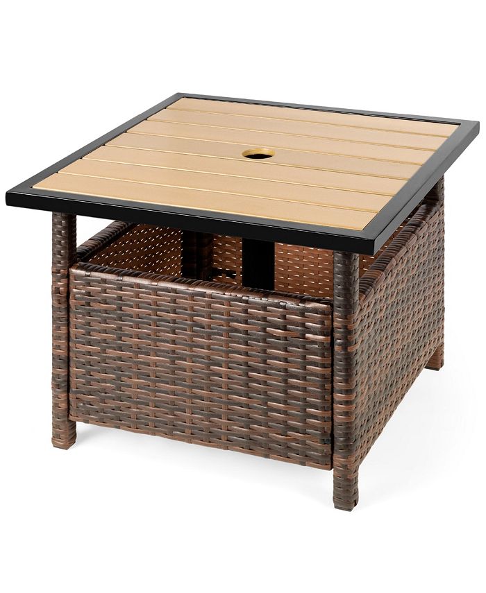 Wicker Rattan Patio Side Table Outdoor Furniture for Garden, Pool, Deck w/ Umbrella Hole - Brown - NO SIZE - 281