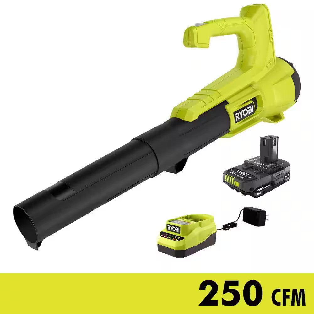RYOBI ONE+ 18V 90 MPH 250 CFM Cordless Battery Leaf Blower/Sweeper with 2.0 Ah Battery and Charger 464