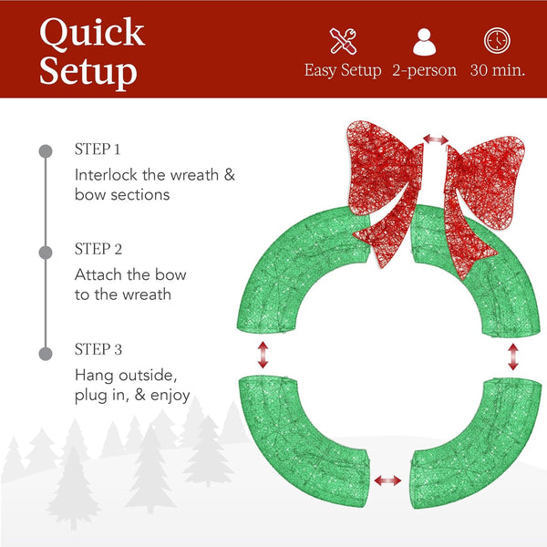 Best Choice Products 30in Pre-Lit Outdoor Christmas Wreath Decoration, LED Metal Holiday Decor for Home w/ 100 Lights, Bow - Green/Red 1483