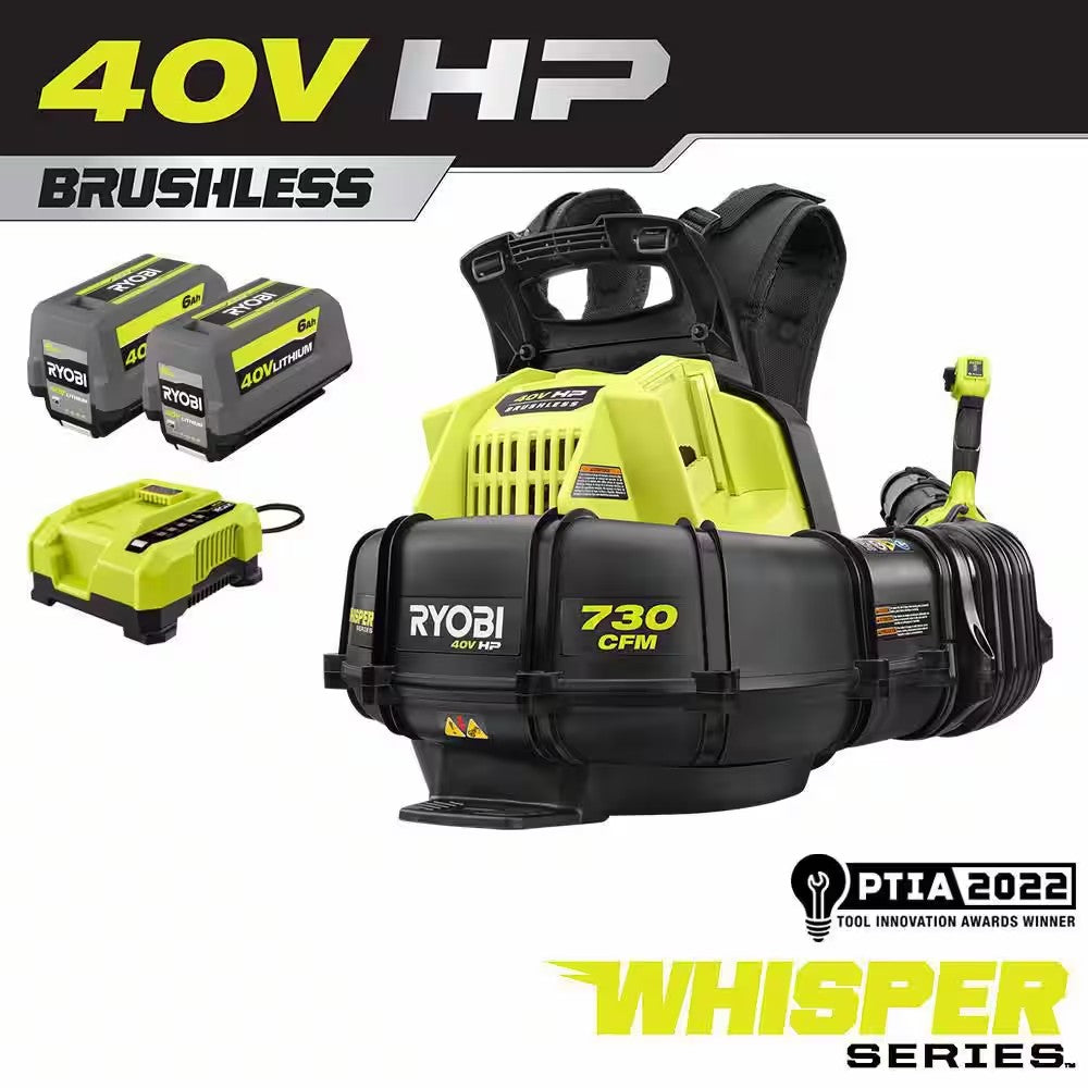 40V HP Brushless Whisper Series 165 MPH 730 CFM Cordless Battery Backpack Blower with (2) 6.0 Ah Batteries and Charger 798