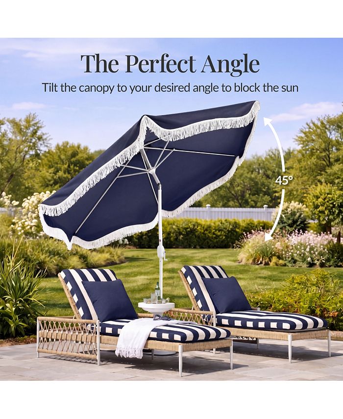 Best Choice Products 9ft Fringe Market Umbrella   Boho Patio Sunshade w/ Tilt, UPF50+, Steel Pole for Table, Pool, Deck - Blue -L7-0453