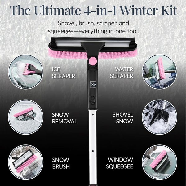 Best Choice Products 4 in 1 Snow Brush with Shovel, Squeegee & Ice Scraper, Up to 39" Extendable Foam Grip, 270  Pivoting Snow Brush for Car Truck SUV, Storage Bag Included - Pink - B10 - 1475