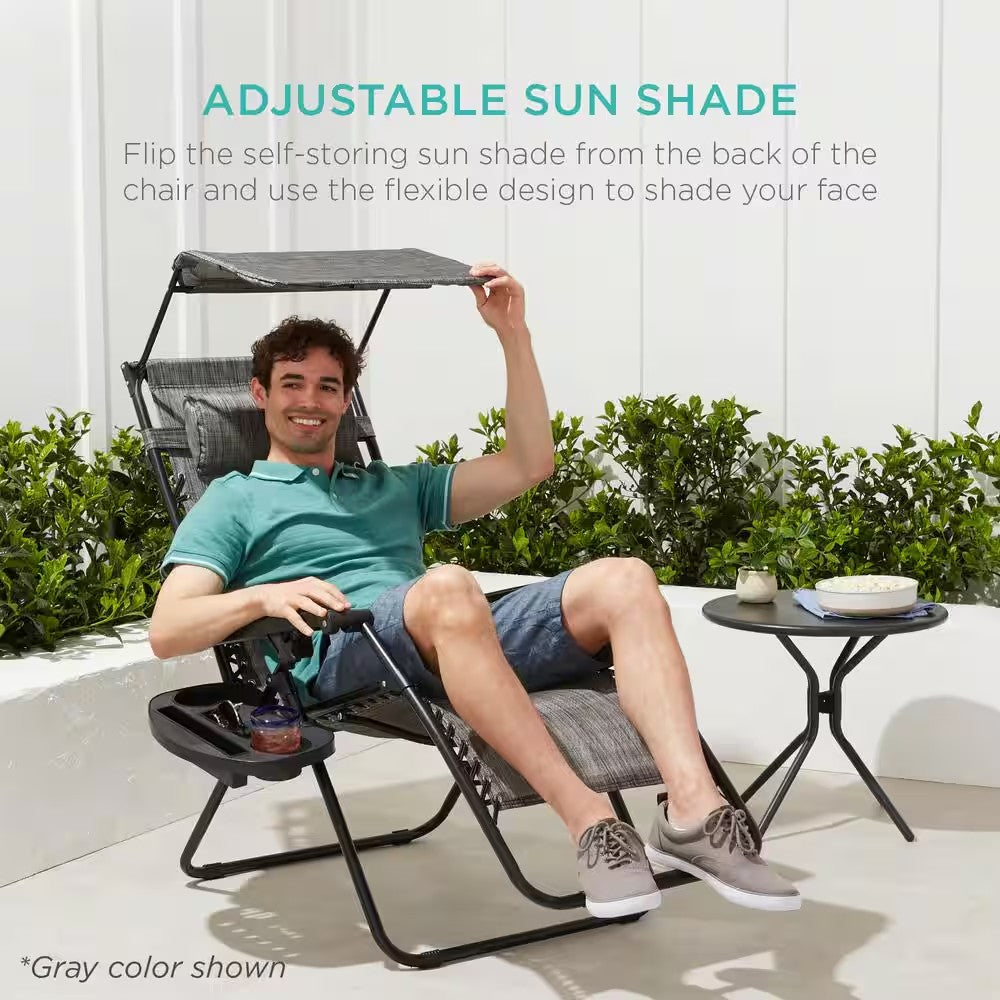 Zero Gravity Folding Reclining Forest Green Outdoor Lawn Chair with Canopy Shade, Headrest Tray -M12-0052