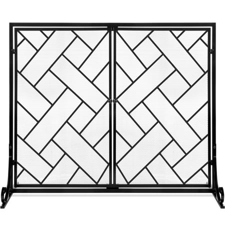 44x33in 2-Panel Handcrafted Wrought Iron Geometric Fireplace Screen w/ Magnetic Doors - Black 667