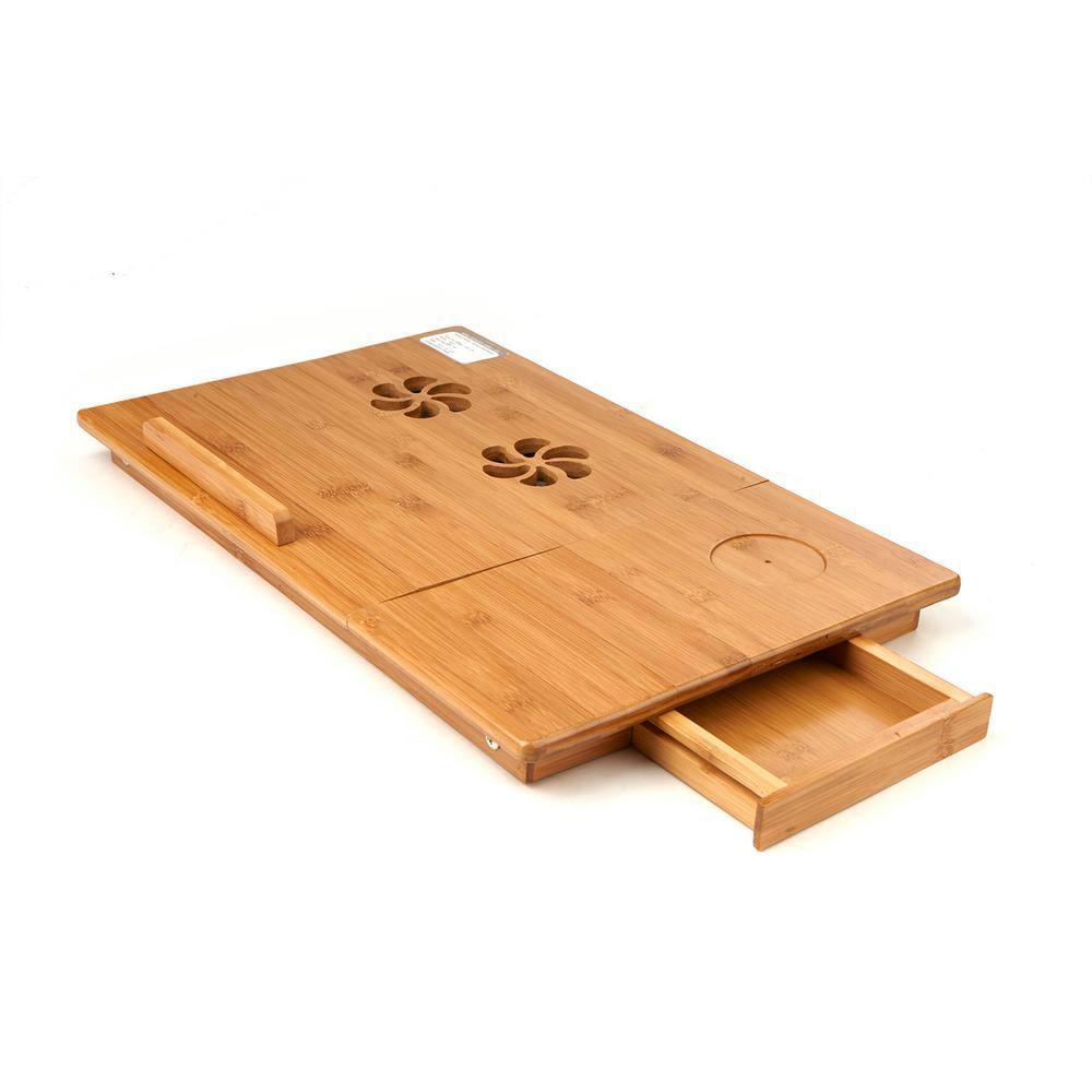 Bamboo Laptop Bed Tray with Drawer and Adjustable Top, Legs, Cooling Holes in Brown -A4-1037