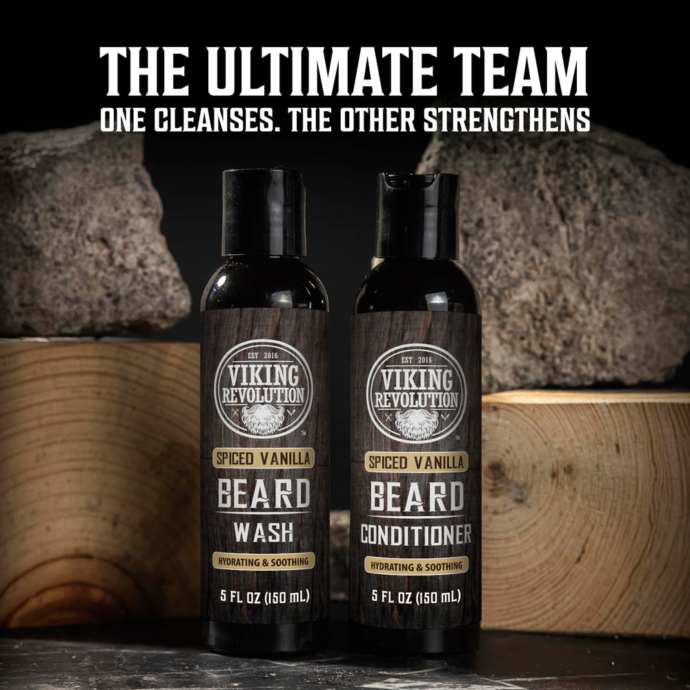 Viking Revolution Ultimate Conditioner for Men's Beard Grooming - Softens, Smoothes and Soothes - Contains Beard Wash and Conditioner (5oz Set), Beard Oil, Balm and Wooden Comb - Spiced Vanilla Scent 1341
