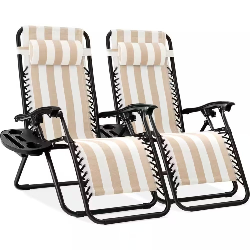 Tan Striped Metal Zero Gravity Reclining Lawn Chair with Cup Holders (2-Pack) - D4-0470