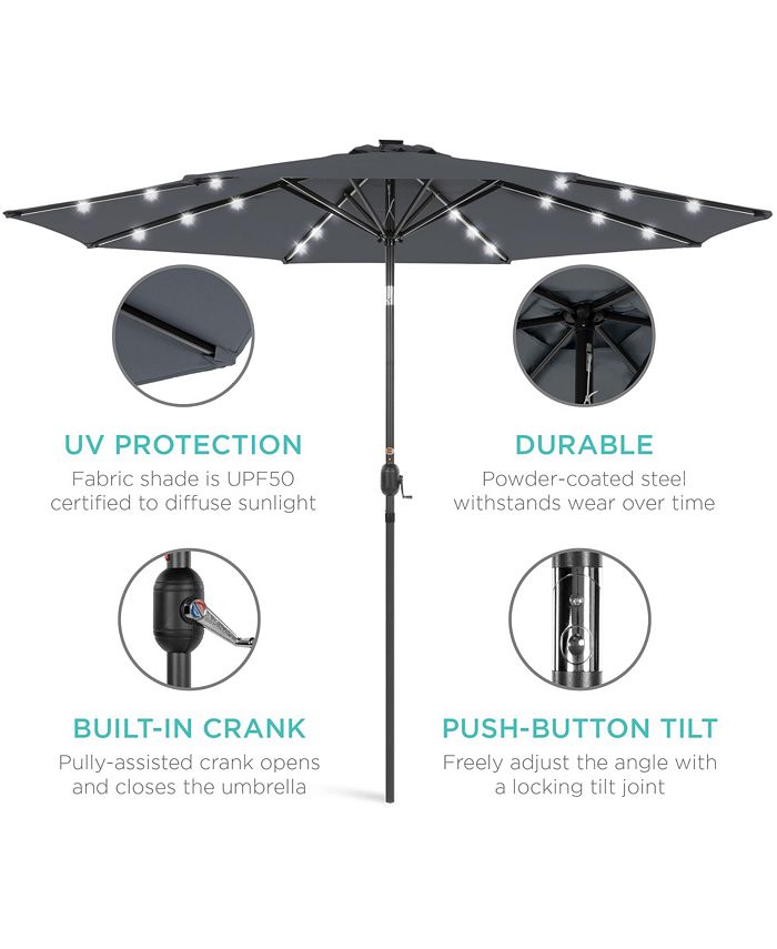 Best Choice Products 10ft Solar LED Lighted Patio Umbrella w/ Tilt Adjustment, UV-Resistant Fabric - Gray - F1 - 1982