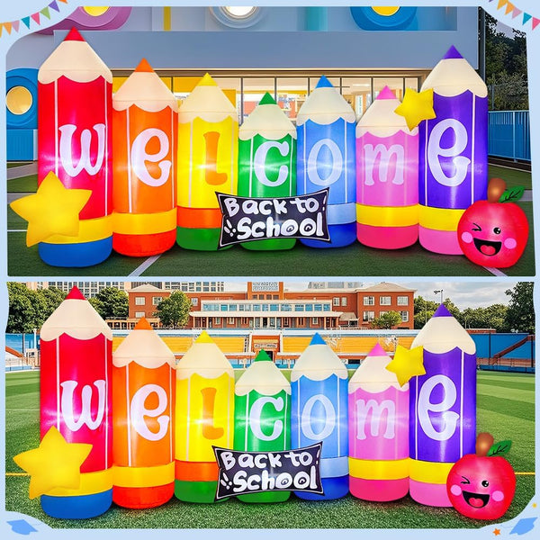 9FT Graduation Kindergarten and Back to School Inflatable Decoration with Built-in LED Lights   Blow-Up Colored Pencils Design for First Day of School Party Decor for Outdoor, Garden, Yard Lawn 1332