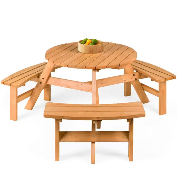 6-Person Natural Circular Wooden Picnic Table w/ Umbrella Hole, 3-Benches - H8 - 115